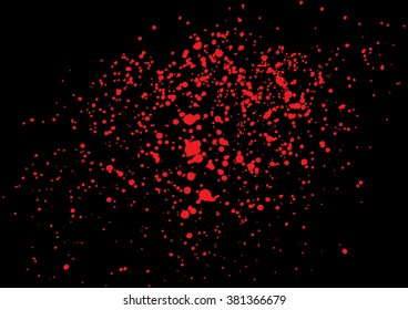 Vector splatter of blood in red color on black background. Bloody explosion on black background. Grainy grungy blood texture blow. Red paint spill on black background. Vector illustration. EPS 10.