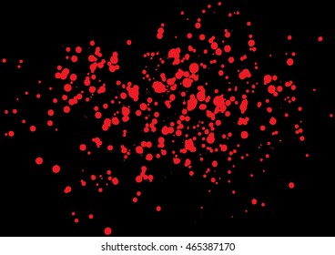 Vector splatter of ink in red color on black background. Imitation of bloody explosion on black background. Grainy grungy blood texture blow. Red paint spill on black background.
