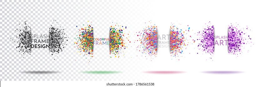 Vector splatter labels with shadows and space for text. Splash banners set. Dynamic frame stylish geometric background. Element for design business cards, invitations, gift cards, flyers and brochure.