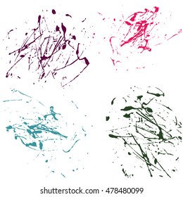 Vector splatter paint abstract on white background set hand drawing design art, stain splash ink pink, cyan, green colors grunge texture, spray pattern