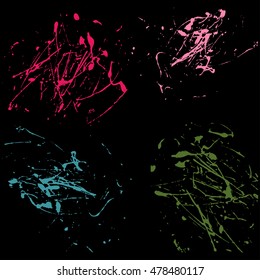 Vector Splatter Paint Abstract On Black Background Set Hand Drawing Design Art, Stain Splash Ink Red, Pink, Blue, Green Colors Grunge Texture, Spray Pattern