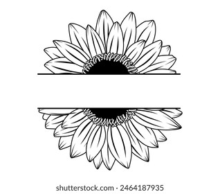 Ilustración de arte de línea de marco de girasol dividido en Vector, diseño dibujado a mano	