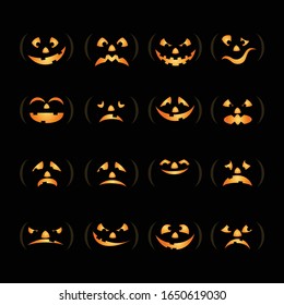 Vector spooky glowing face isolated on dark background. Halloween pumpkin carving faces set. 