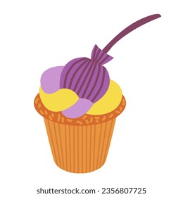 Vector spooky Halloween cupcake with witch broom