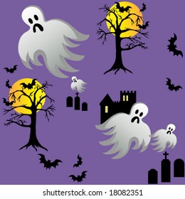 Vector Spooky Halloween ghost and bats fly around castle with graves at night. Seamless tile wallpaper.