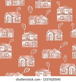 Vector spooky houses seamless pattern for halloween with ghosts comig out from chimneys like smoke. Hand drawn trendy design.