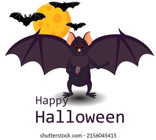Vector spooky illustration. Cartoon Cute vampire bat with a glass of blood. The bats. Big Moon. Happy Halloween text. Isolated on white background.