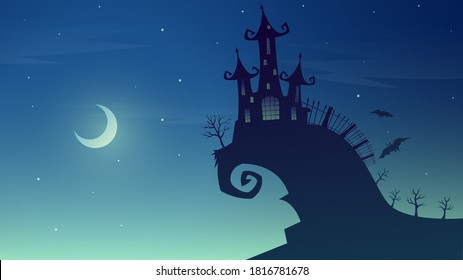Vector spooky illustration with cemetery castle on the mountain on a moonlit night, halloween background