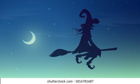 Vector spooky illustration with silhouette of a witch flying on a broomstick on a moonlit night, halloween background