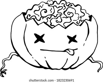 Vector spooky lineart halloween pumpkins. Vector black and white zombie pumpkin for Halloween with brains.