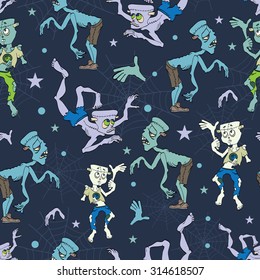 Vector Spooky Zombies Halloween Seamless Pattern. Isla Vista California. Epic Party