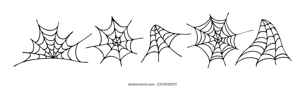 Vector.Web Spooky.Spider.For Halloween. Spider web set isolated on White background. Vector illustration outline black lines.Doodle style.Print for textile. Web Design.Social Networks.Hand EPS 10.