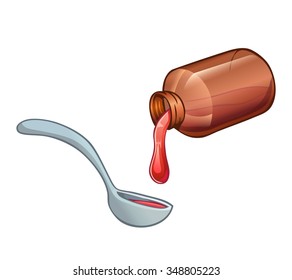 Vector Spoon And Bottle Cough Syrup. Pouring Of Red Syrop On Metal Spoon Isolated On White