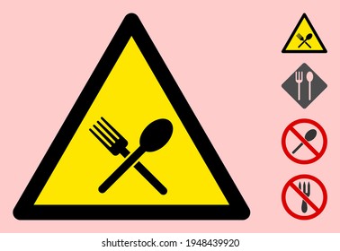 Vector spoon and fork flat warning sign. Triangle icon uses black and yellow colors. Symbol style is a flat spoon and fork hazard sign on a pink background. Icons designed for careful signals,