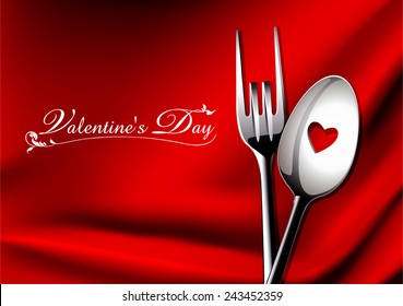  Vector of spoon and fork in love on red background