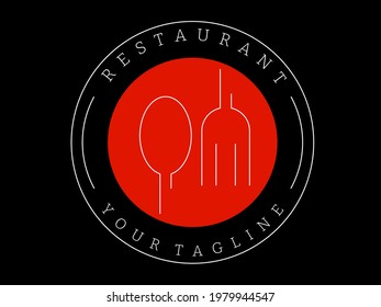 Vector of spoon and fork on red plate. Restaurant, cafe, food, chef. Minimalist abstract logo design, modern typography. Can be used for branding, symbol and icon. Editable and printable element.