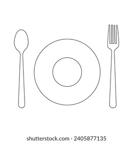 Vector Spoon, fork with plate continuous one line drawing on white background stock illustration