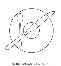 Vector Spoon, knife with plate continuous one line drawing on white background stock illustration