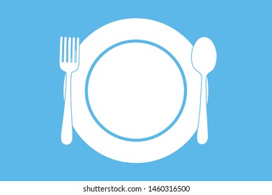 Vector spoon, plate, and fork icon design element illustration on blue background