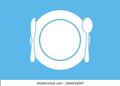 Vector spoon, plate, and knife icon design element illustration on blue background