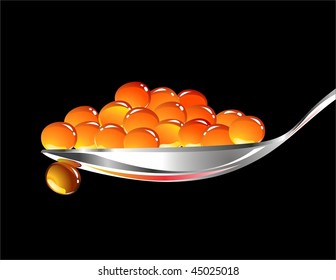 Vector The spoon with red caviar on a black background