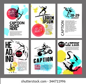 Vector sport advertising template with hand drawn athlete silhouette and date. Ink drawing. Biathlon, skating, motorcycling icons. Leaflet, poster, placard, card design sample. Logo, print design.