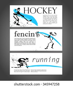 Vector sport advertising template with hand drawn athletes silhouettes. Ink drawing. Sport icons. Leaflet, poster, placard, card design sample. Good for logo and print.