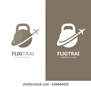 Vector of sport and airplane logo combination. Gym and travel symbol or icon. Unique flight fitness and workout logotype design template.