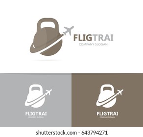 Vector of sport and airplane logo combination. Gym and travel symbol or icon. Unique flight fitness and workout logotype design template.