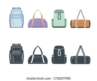 Vector sport bag illustration set. Active lifestyle accessories. Male and female style.