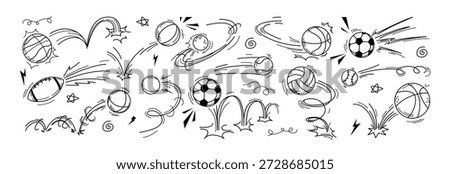 Vector sport ball doodle illustration with motion and bounce line effects. Hand drawn soccer, football, basketball, rugby, volleyball and baseball icons with flying movement and jump trajectory