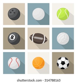Vector sport balls icon, sign, symbol, pictogram set in flat style with long shadow isolated on a white background or over white. Different sport equipment and balls. Sports game