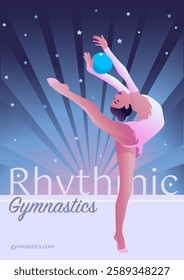 Vector sport banner design template. Rhythmic gymnast doing performance with ball and text on cold background 