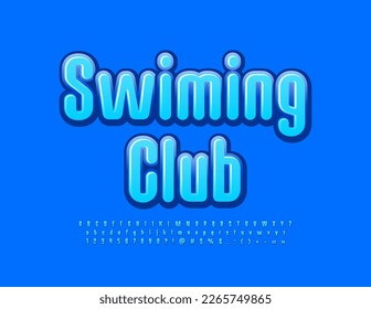 Banner de deportes vectores Club de natación. Fuente moderna azul. Conjunto de letras, números y símbolos luminosos de alfabeto