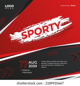 Vector sport banner template for social media, brochure, flyer, gym, footbal, running with blank space for photo. In red, black, white color with line, arrow, and sharp shape.