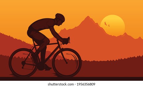 Vector sport biking illustration with a cyclist on a sport bike on a mountain road