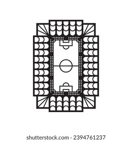 Vector sport black icon football stadium with rounded roof four pillars dotted stands and field on white background.