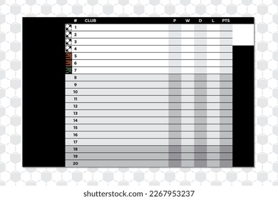 Vector sport blank football league table with European competition icons on soccer ball texture background.