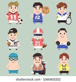 Vector sport boy collection in flat cartoon style.
