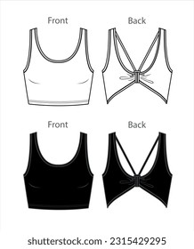 Vector sport bra technical drawing, women crop tank top with shoulder straps and bow detail fashion CAD, template, sketch, flat. Jersey fabric t shirt with front, back view, black and white color