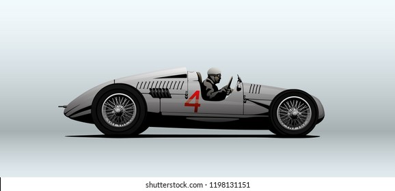 Vector sport car with driver. Retro racing car in silver color.