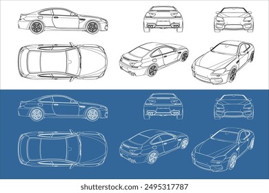 vector sport car line art draw blueprint wireframe from all different view isolated in transparent background