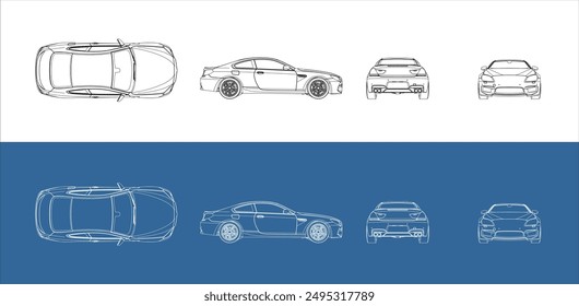 vector sport car line art draw blueprint wireframe from all different view isolated in transparent background