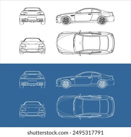 Vektorgrafik Sportwagen Linie Kunst Zeichnen Blaupause Drahtmodell aus allen verschiedenen Ansichten isoliert in durchsichtigem Hintergrund