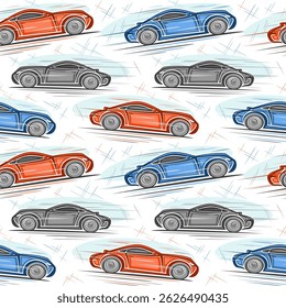 Vector Sport Car seamless pattern, decorative automotive background with concept sport coupe in moving for bed linen, square placard with artwork of running multi colored coupe car on white background