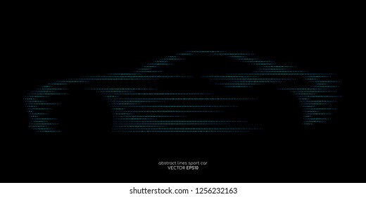 Vector sport car shape by movement dot line pattern blue green isolated on black background. For design element in concept automotive technology, electric car, self driving car
