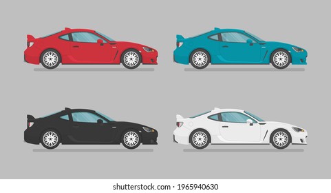 Vector sport cars. 
Cars of different colors. Side view. Cartoon cars in flat style.