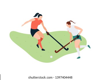 Vector sport character trendy style illustration. Two colorful flat player playing field hockey with stick on green spot isolated on white. Design for events, game, cup, championship souvenirs, good