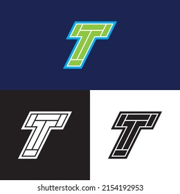 Vector sport colorful tennis logo with green court, white lines, blue outline and italic letter T. Positive and negative symbol.