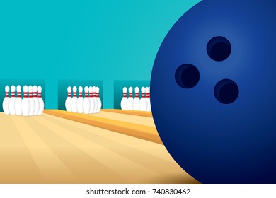 Vector of sport design template with blue bowling ball and skittles. 